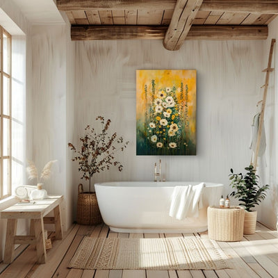Canvas wall art print featuring 'Subtle Grace - White and Yellow Wildflowers in Gentle Abstraction' in a bathroom