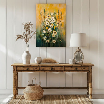 Canvas wall art print featuring 'Subtle Grace - White and Yellow Wildflowers in Gentle Abstraction' in a hallway