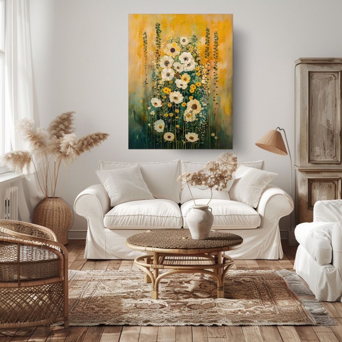 Canvas wall art print featuring 'Subtle Grace - White and Yellow Wildflowers in Gentle Abstraction' in a living room