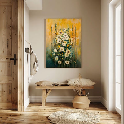 Canvas wall art print featuring 'Subtle Grace - White and Yellow Wildflowers in Gentle Abstraction' in an entryway