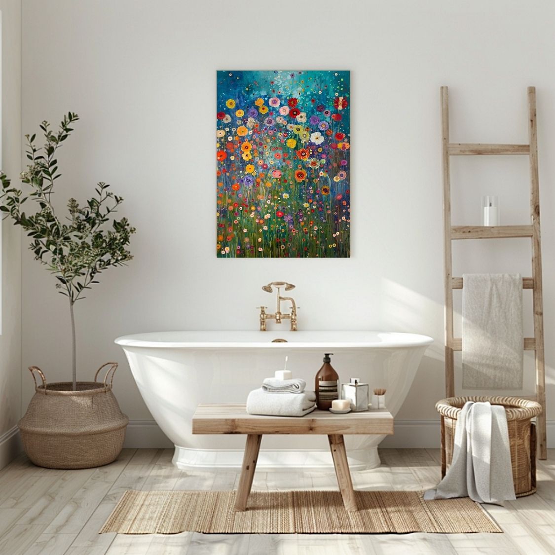 Canvas print wall art showing 'Natures Song - Wildflowers with a Soft Abstract Touch' in a bathroom