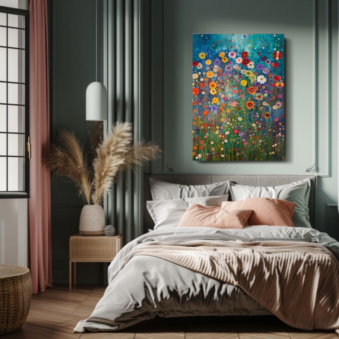 Canvas print wall art showing 'Natures Song - Wildflowers with a Soft Abstract Touch' in a bedroom
