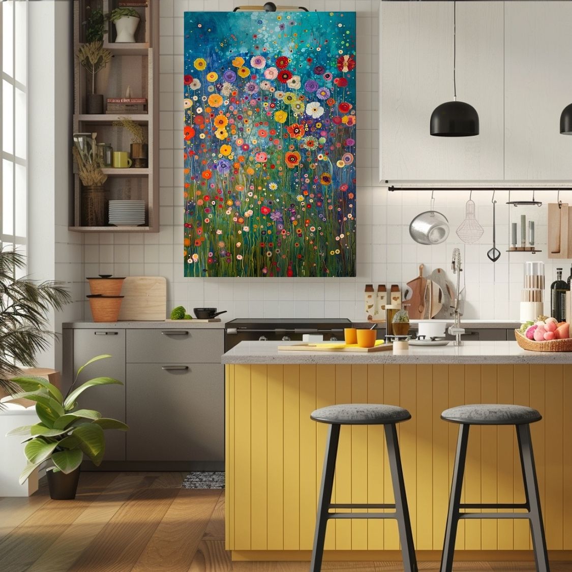 Canvas print wall art showing 'Natures Song - Wildflowers with a Soft Abstract Touch' in a kitchen