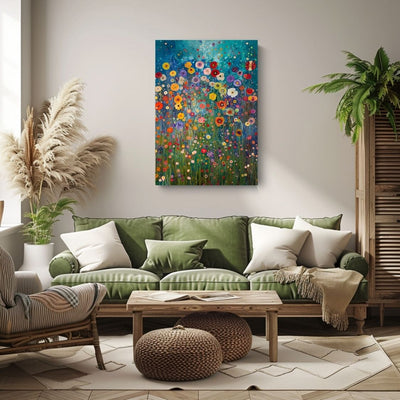 Canvas print wall art showing 'Natures Song - Wildflowers with a Soft Abstract Touch' in a living room