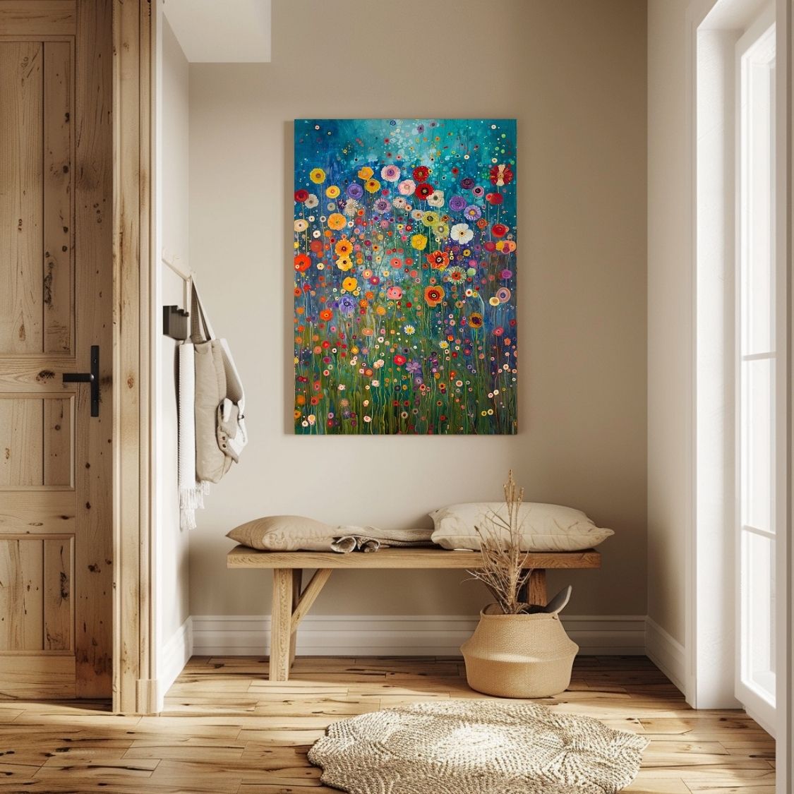 Canvas print wall art showing 'Natures Song - Wildflowers with a Soft Abstract Touch' in an entryway