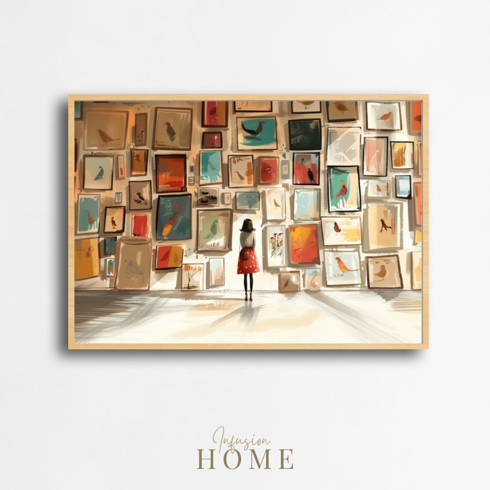 Woman in Art Gallery with Vintage Bird Illustrations Whimsical Giclée Print