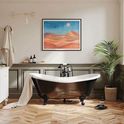 Poster wall art showing 'Dusk Over Dunes – Bold Desert Panoramic Art' in a bathroom