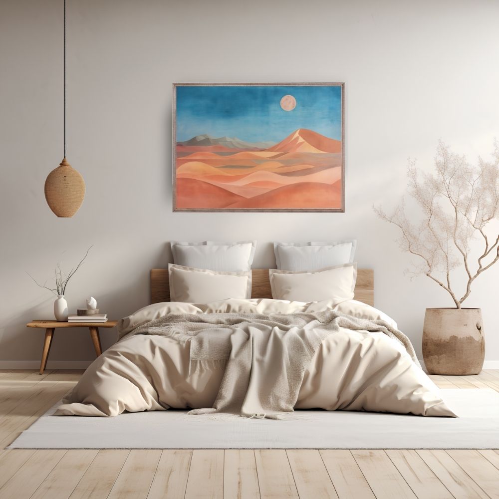 Poster wall art showing 'Dusk Over Dunes – Bold Desert Panoramic Art' in a bedroom