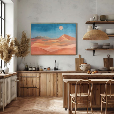 Poster wall art showing 'Dusk Over Dunes – Bold Desert Panoramic Art' in a kitchen