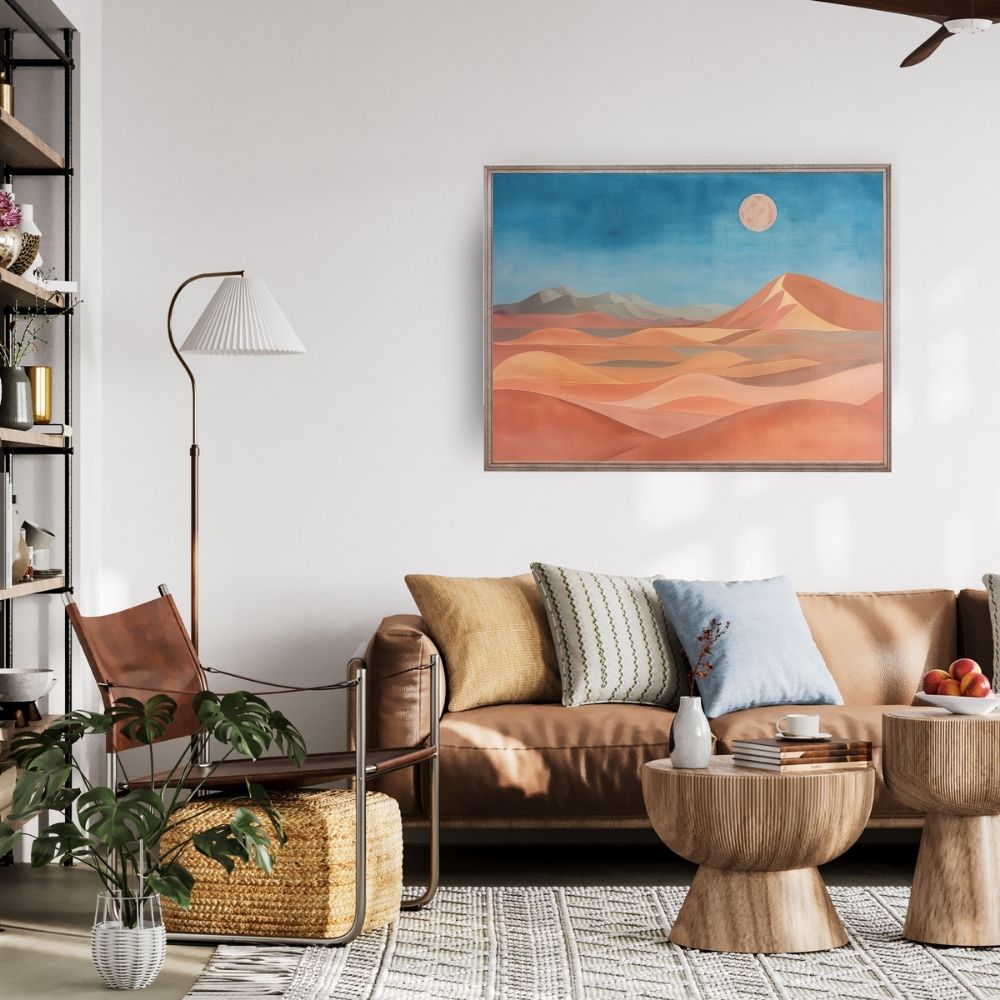 Poster wall art showing 'Dusk Over Dunes – Bold Desert Panoramic Art' in a living room