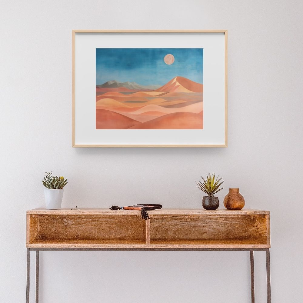 Poster wall art showing 'Dusk Over Dunes – Bold Desert Panoramic Art' in a hallway