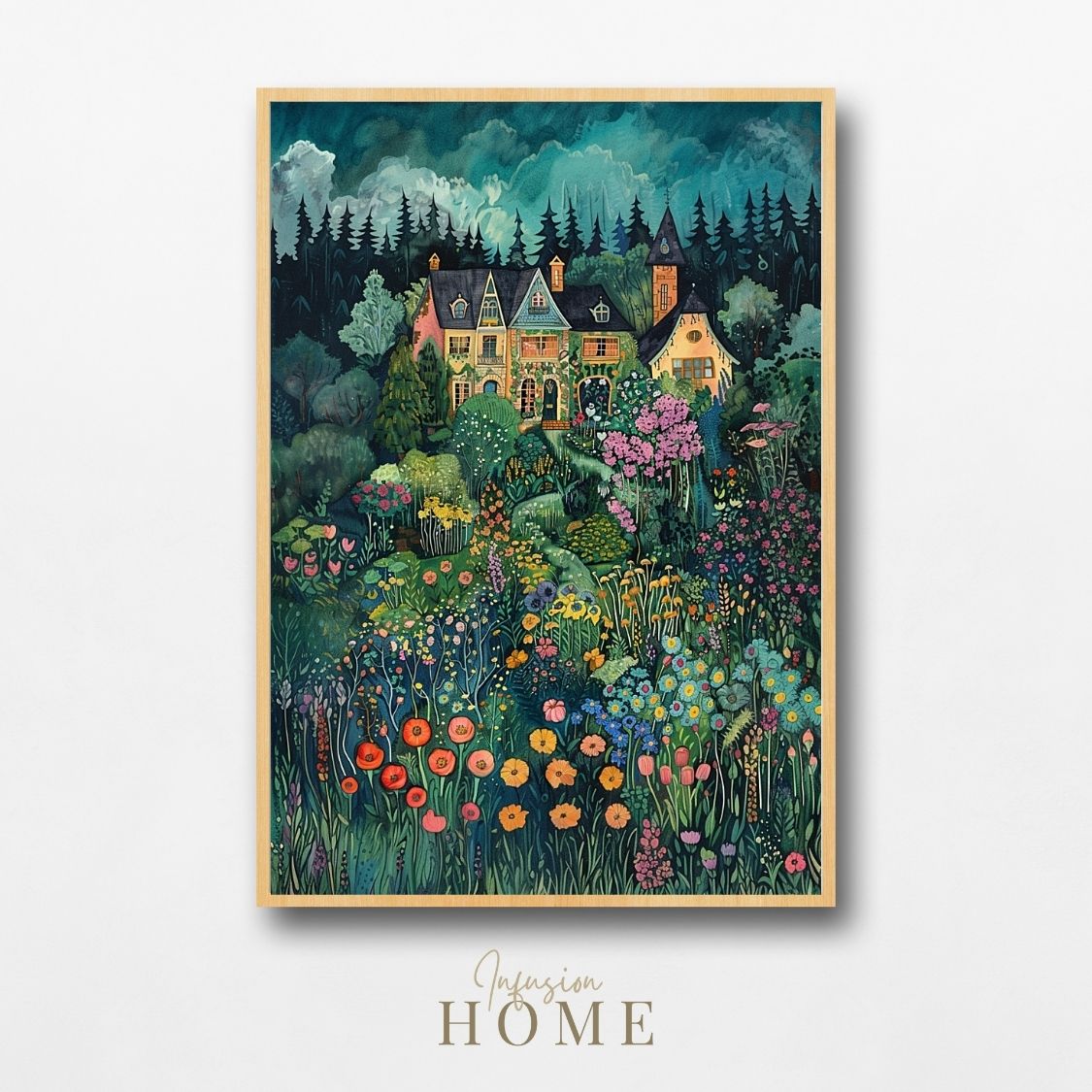 Poster wall art showing 'Hidden Haven - Cozy Buildings Amidst Blooming Colors'