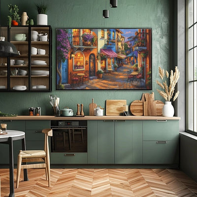 Evening Stroll with Glowing Cafes and Cobblestone Charm Digital Village Scene