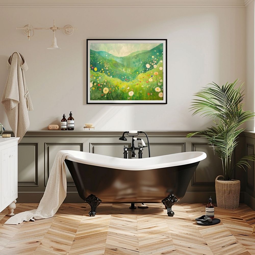 Poster wall art showing 'Wildflower Haven – Flowers Dancing in the Valley' in a bathroom