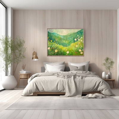 Poster wall art showing 'Wildflower Haven – Flowers Dancing in the Valley' in a bedroom