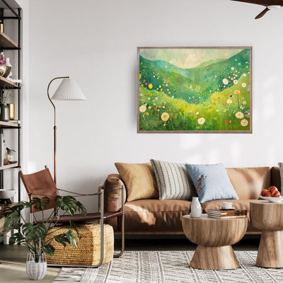 Poster wall art showing 'Wildflower Haven – Flowers Dancing in the Valley' in a living room