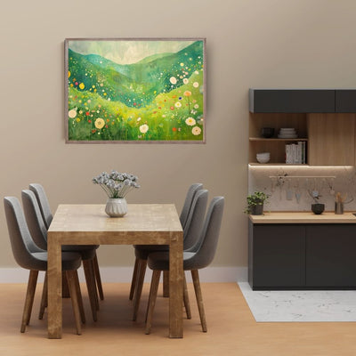 Poster wall art showing 'Wildflower Haven – Flowers Dancing in the Valley' in a dining room