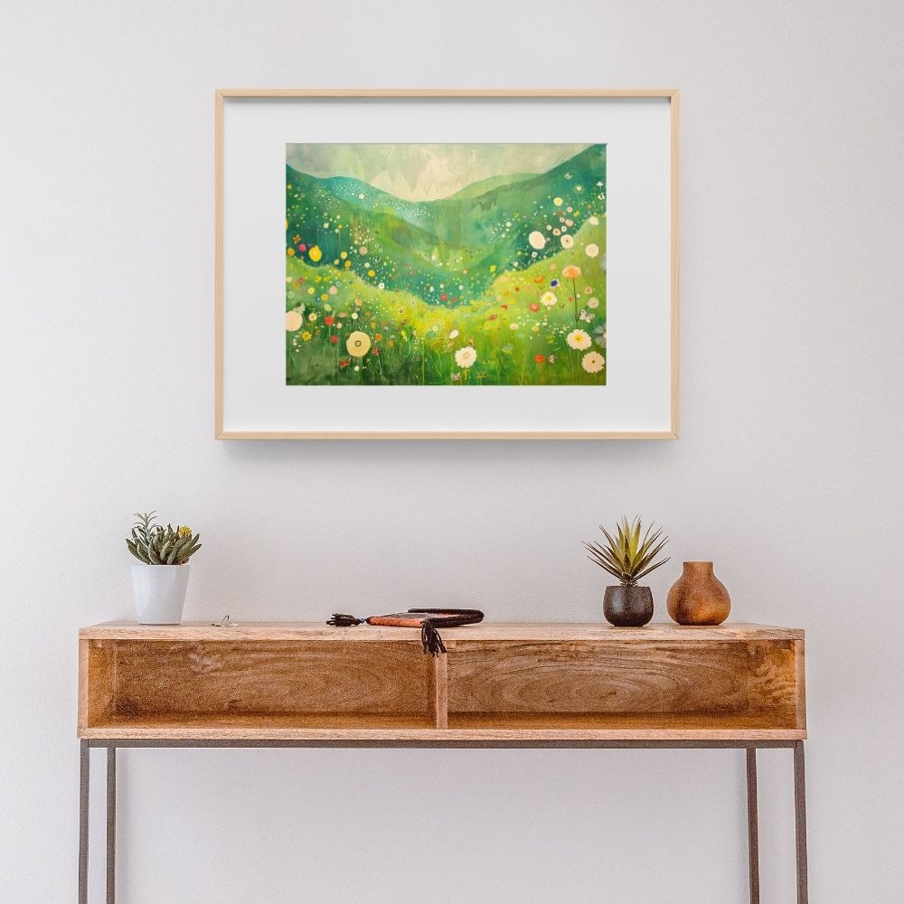 Poster wall art showing 'Wildflower Haven – Flowers Dancing in the Valley' in a hallway