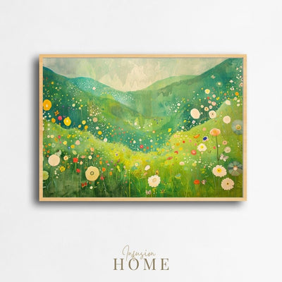 Poster wall art showing 'Wildflower Haven – Flowers Dancing in the Valley'