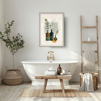 Poster wall art showing 'Abstract Botanical Simplicity – Minimal Boho Vase Art' in a bathroom