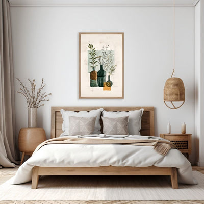 Poster wall art showing 'Abstract Botanical Simplicity – Minimal Boho Vase Art' in a bedroom