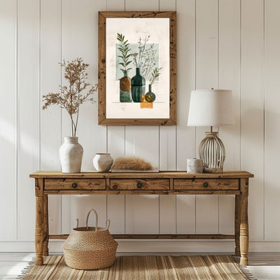 Poster wall art showing 'Abstract Botanical Simplicity – Minimal Boho Vase Art' in a hallway