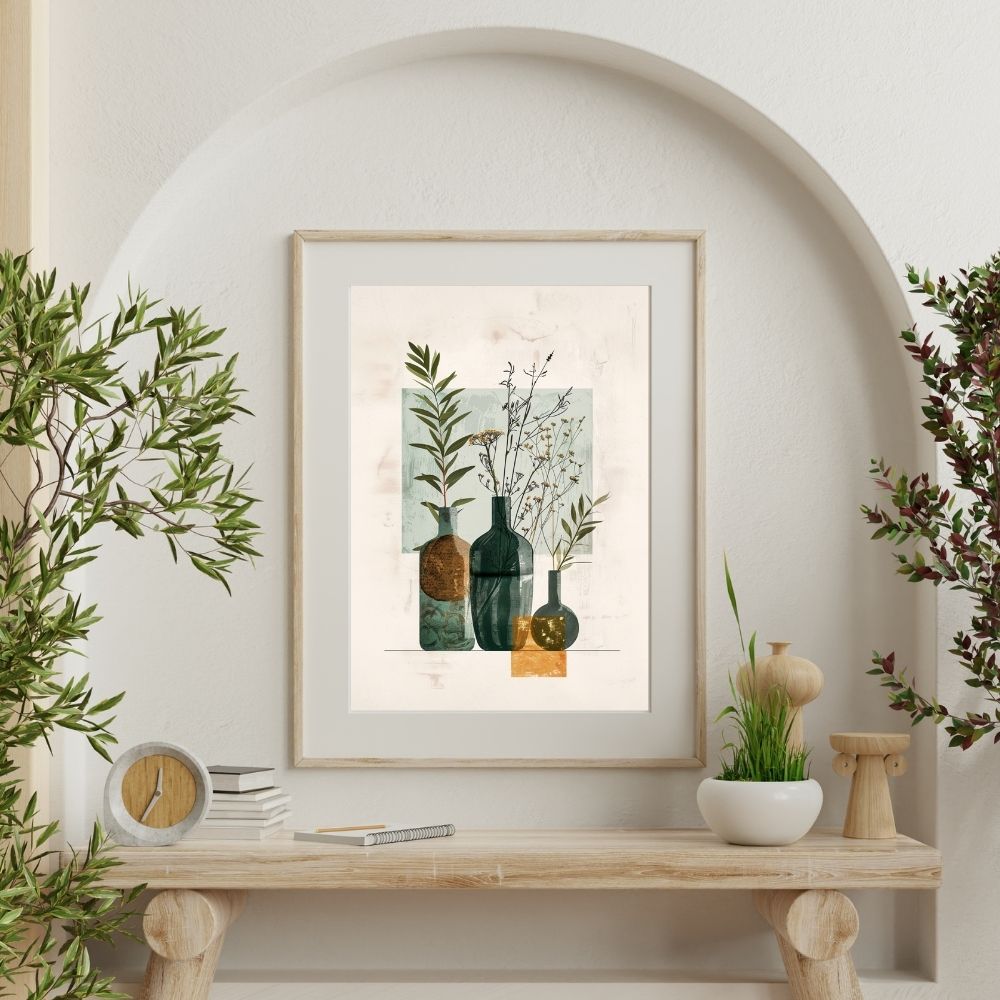 Poster wall art showing 'Abstract Botanical Simplicity – Minimal Boho Vase Art' on a wall with plants