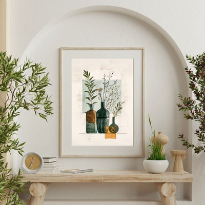 Poster wall art showing 'Abstract Botanical Simplicity – Minimal Boho Vase Art' on a wall with plants