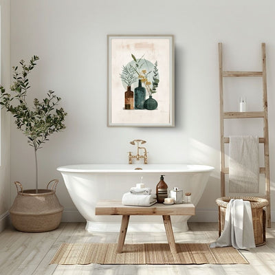 Poster wall art showing 'Abstract Earth – Minimalist Boho Florals in Vases' in a bathroom