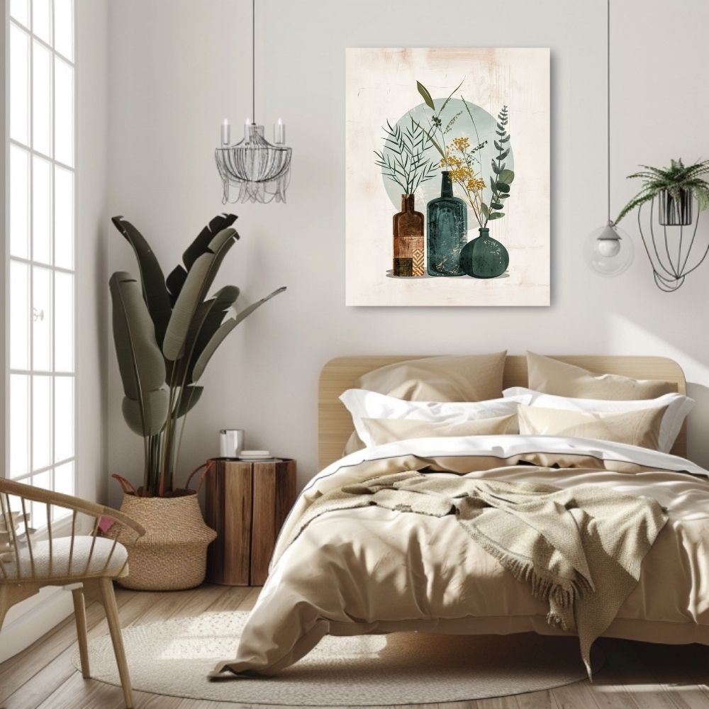 Poster wall art showing 'Abstract Earth – Minimalist Boho Florals in Vases' in a bedroom