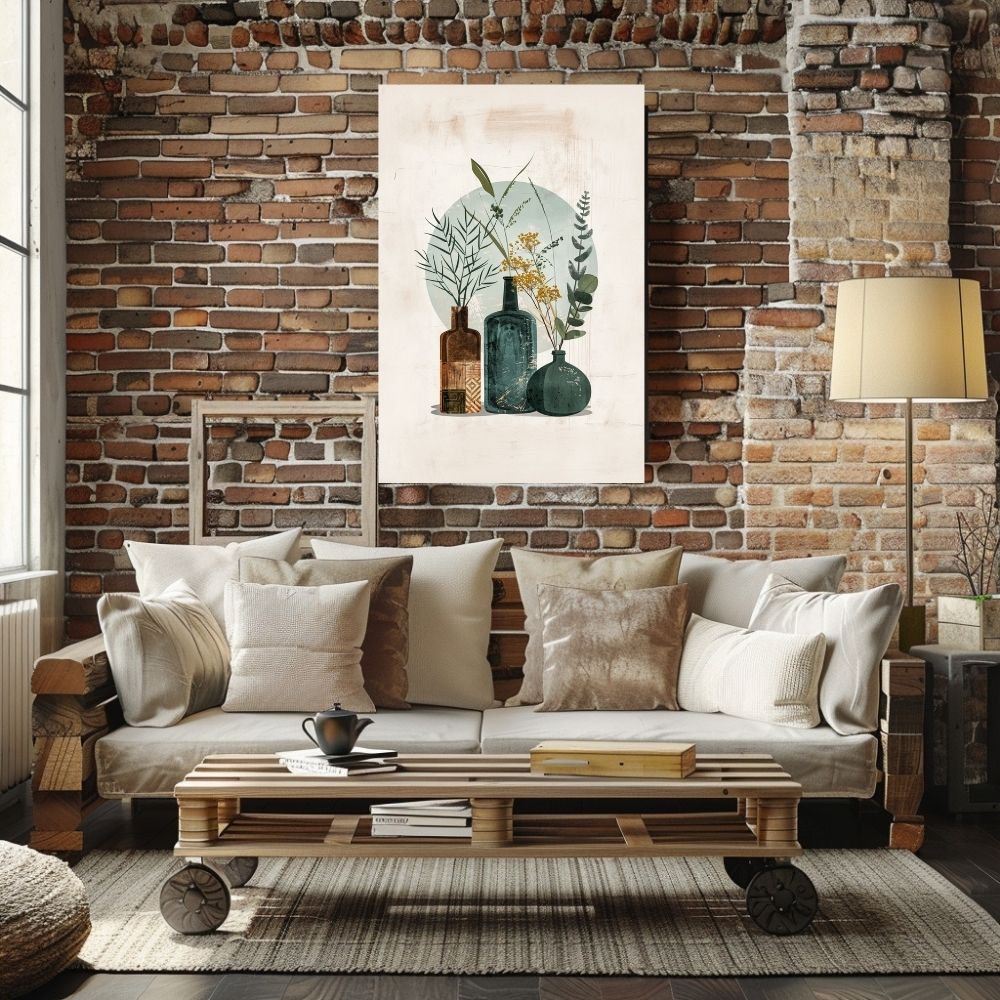 Poster wall art showing 'Abstract Earth – Minimalist Boho Florals in Vases' in a living room