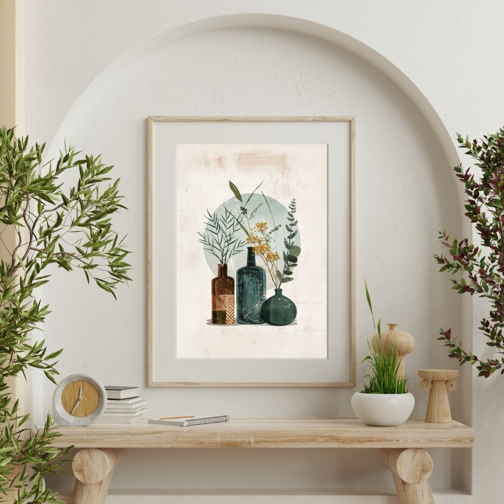 Poster wall art showing 'Abstract Earth – Minimalist Boho Florals in Vases' on a wall with plants