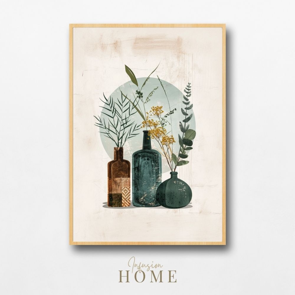 Poster wall art showing 'Abstract Earth – Minimalist Boho Florals in Vases'