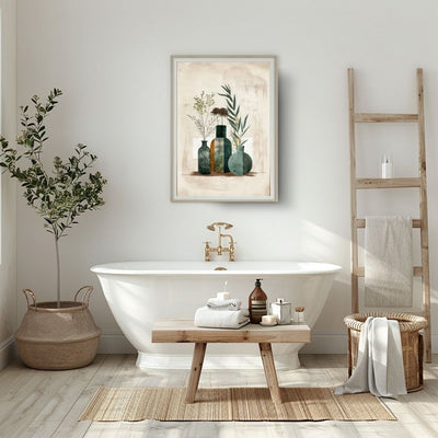 Poster wall art showing 'Art of Boho Simplicity – Floral and Greenery Vases' in a bathroom