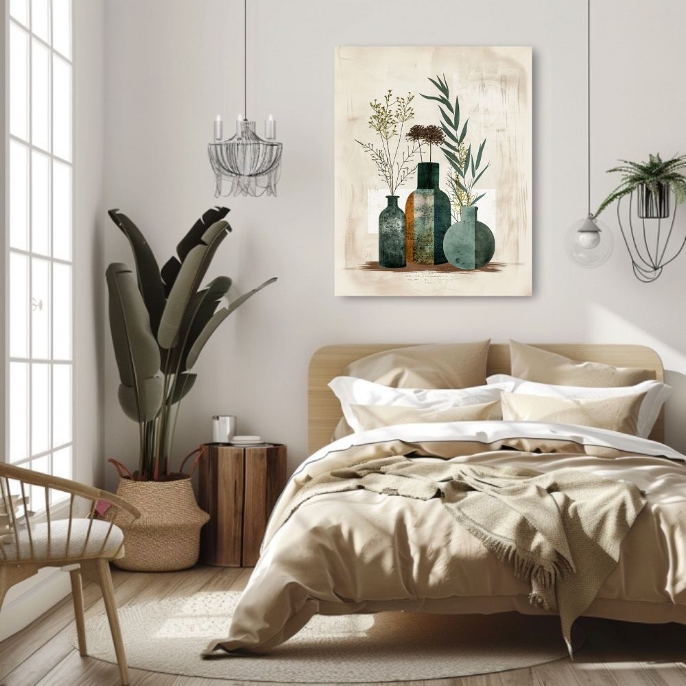 Poster wall art showing 'Art of Boho Simplicity – Floral and Greenery Vases' in a bedroom