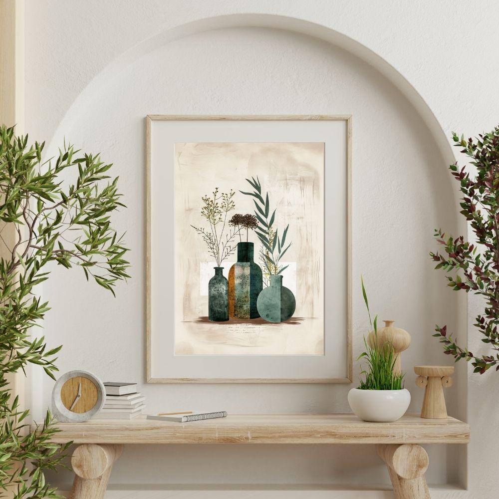 Poster wall art showing 'Art of Boho Simplicity – Floral and Greenery Vases' on a wall with plants