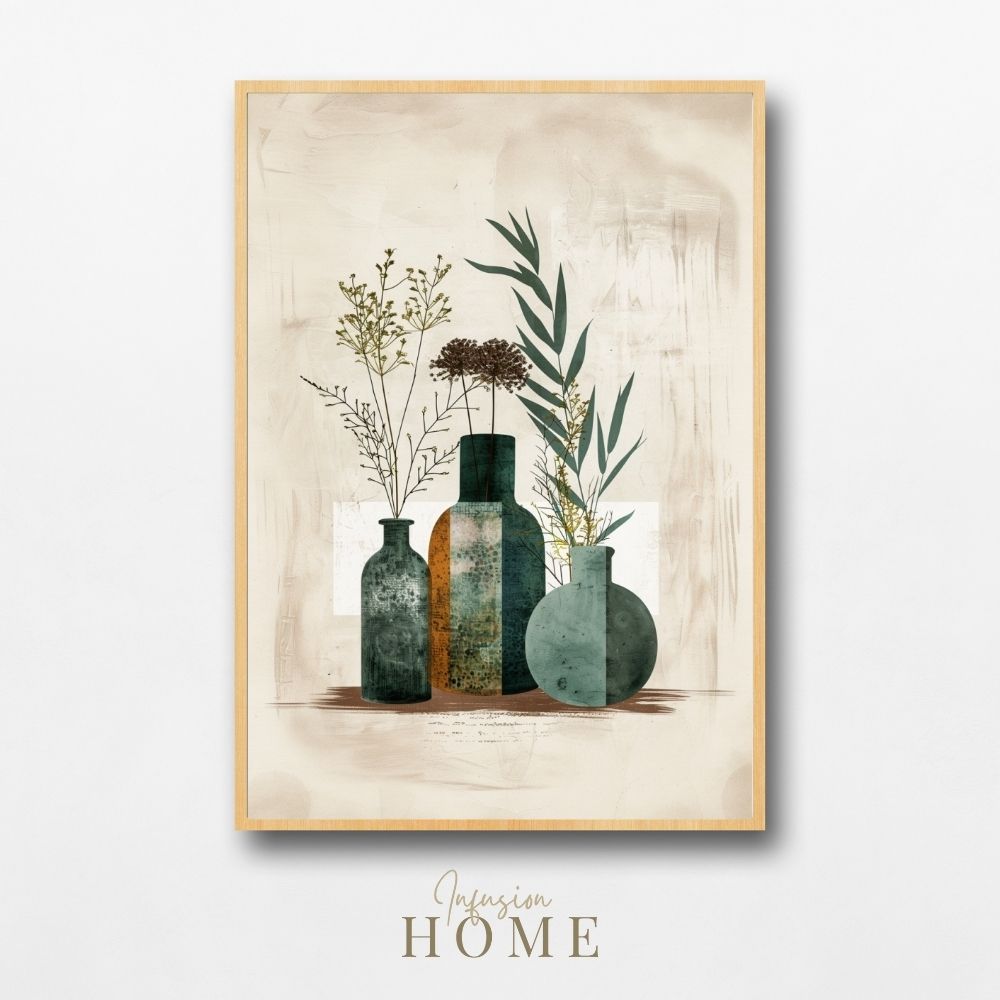 Poster wall art showing 'Art of Boho Simplicity – Floral and Greenery Vases'