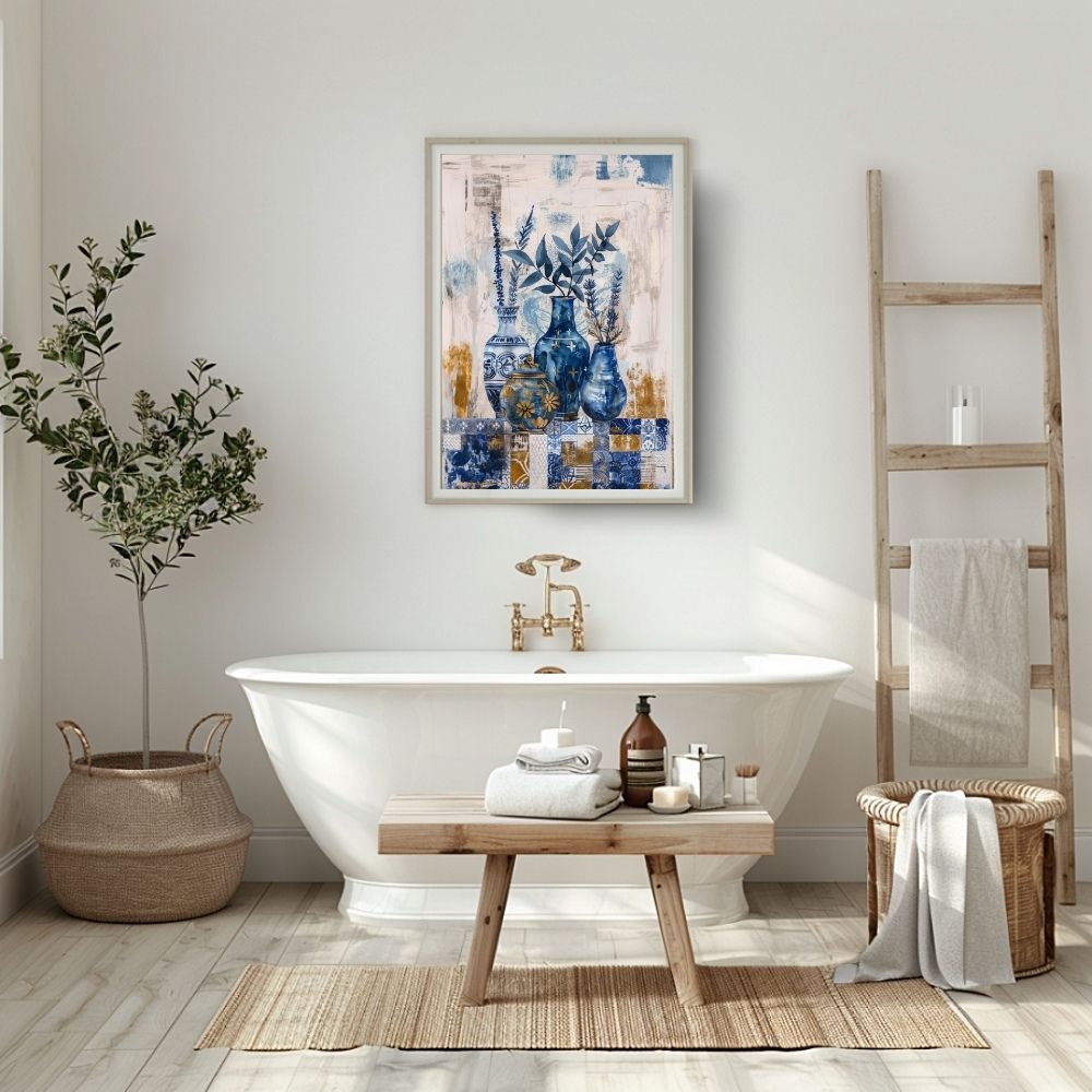 Poster wall art showing 'Azure Tranquility – Deep Blue Floral Art in Vases' in a bathroom