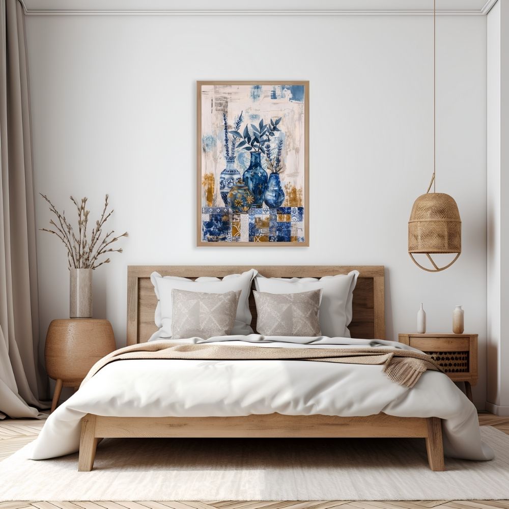 Poster wall art showing 'Azure Tranquility – Deep Blue Floral Art in Vases' in a bedroom