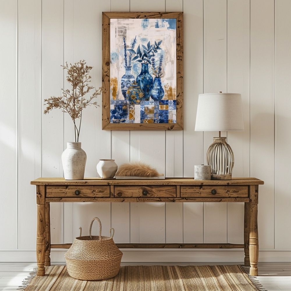 Poster wall art showing 'Azure Tranquility – Deep Blue Floral Art in Vases' in a hallway