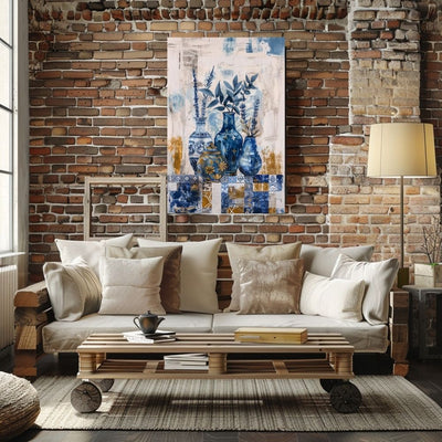 Poster wall art showing 'Azure Tranquility – Deep Blue Floral Art in Vases' in a living room