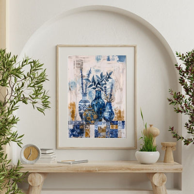 Poster wall art showing 'Azure Tranquility – Deep Blue Floral Art in Vases' on a wall with plants