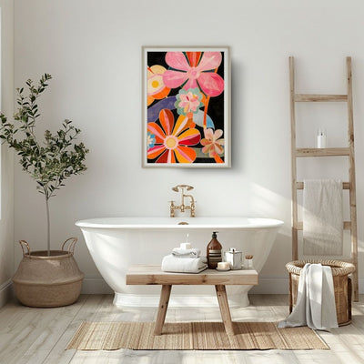 Poster wall art showing 'Blooming Bright – Vivacious Floral Art' in a bathroom