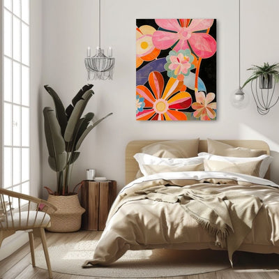 Poster wall art showing 'Blooming Bright – Vivacious Floral Art' in a bedroom