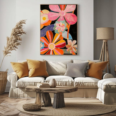 Poster wall art showing 'Blooming Bright – Vivacious Floral Art' in a boho living room