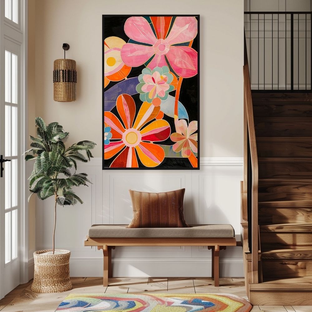 Poster wall art showing 'Blooming Bright – Vivacious Floral Art' in an entryway