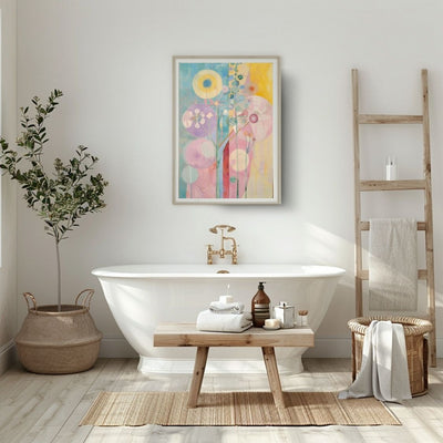 Poster wall art showing 'Blooming Softness – Floral Abstract in Pink and Neutral' in a bathroom