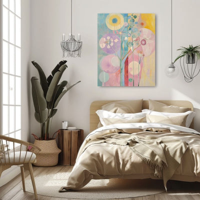 Poster wall art showing 'Blooming Softness – Floral Abstract in Pink and Neutral' in a bedroom