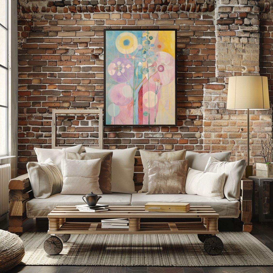 Poster wall art showing 'Blooming Softness – Floral Abstract in Pink and Neutral' in a brick living room