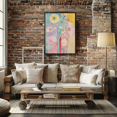 Poster wall art showing 'Blooming Softness – Floral Abstract in Pink and Neutral' in a brick living room